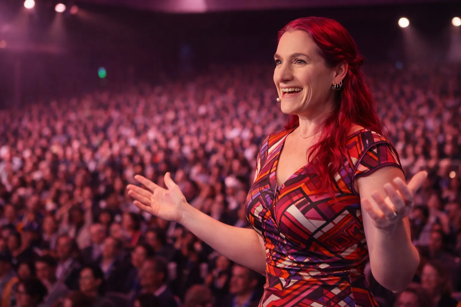 Katharyne Shelton speaking on stage to a large crowd